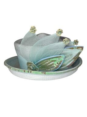 Vintage Iridescent Sequin Floral Derby Hat Wide Brim Blue Statement Fasinator